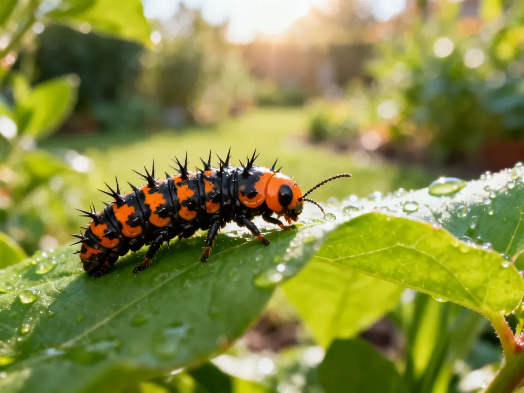 Larwa biedronki z charakterystycznym czarno-pomarańczowym wzorem na ciele, pełzająca po zielonym liściu w ogrodzie.