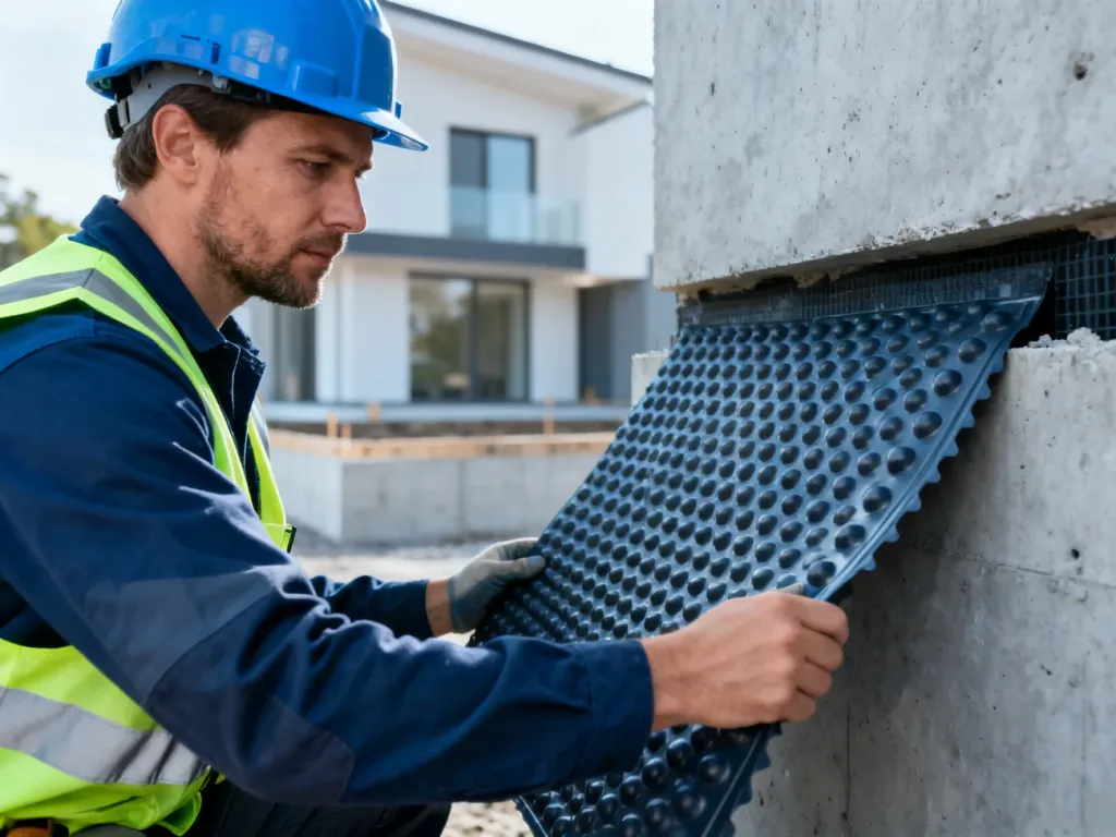 Pracownik budowlany montujący folię kubełkową na betonowej ścianie fundamentowej budynku.
