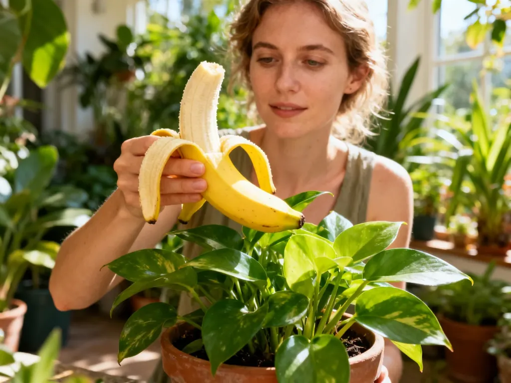 Kobieta trzyma skórkę banana nad doniczkową rośliną, pokazując sposób na przygotowanie naturalnego nawozu w domu.