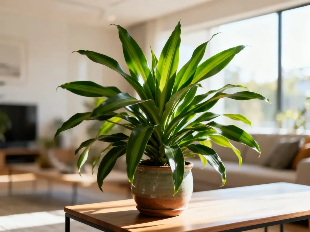 Zdrowa dracena marginata w ceramicznej doniczce na drewnianym stole w jasnym, nowoczesnym salonie.